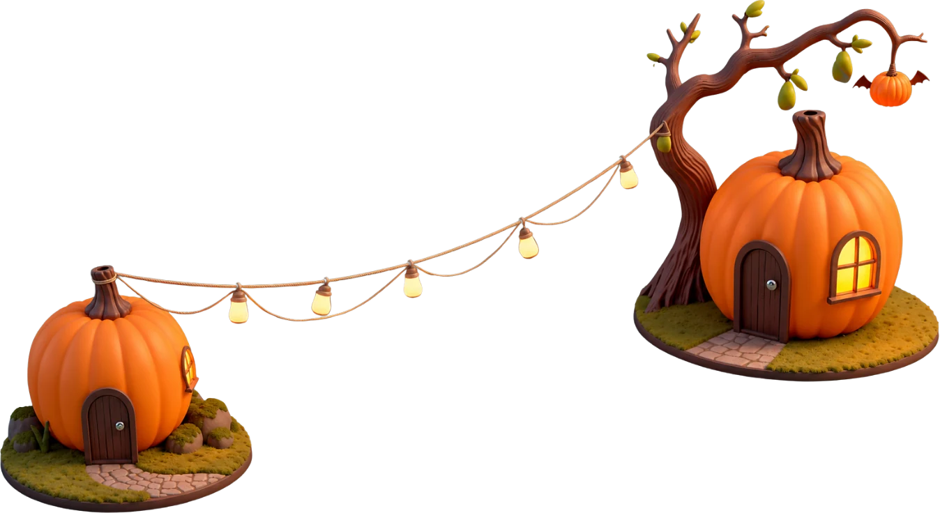 Two cute 3D pumpkin houses connected by a string of glowing lanterns